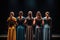 Vocal Ensemble In Beautiful Clothes Stands On Stage And Looks Out At The Audience, Rear View. Generative AI