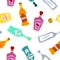 Vodka beer martini tequila liquor vermouth bottles seamless pattern. Doodle style. Hand drawn repeat template. Party drinks