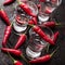 Vodka with chili peppers on rusty grunge table