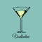 Vodkatini glass sign. Vector alcoholic beverage color illustration.Hand drawn sketch of traditional cocktail with olive.