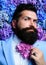 Vogue flower bow-tie. Man in blue suit. Bearded man and flower beard. Spring necktie. Elegant business man. Classical