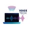 Voice tech label with laptop and sound wave