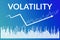 Volatility on financial market, blue finance background from columns, candlesticks, line, arrow