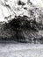 Volcanic cave at a black sand monochromatic beach in Iceland