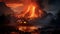 a volcanic eruption, burning wooden house flames.