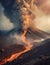 Volcanic eruption with dense smog and ash coming out of the crater and molten magma as river of active lava flowing down the