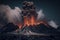 Volcanic eruption with flowing lava and ash emission. Natural disaster. Dramatic landscape with active volcano. Created