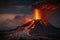 Volcanic eruption with flowing lava and ash emission. Natural disaster. Dramatic landscape with active volcano. Created