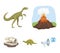 Volcanic eruption, gallimimus, stegosaurus,dinosaur skull. Dinosaur and prehistoric period set collection icons in
