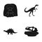 Volcanic eruption, gallimimus, stegosaurus,dinosaur skull. Dinosaur and prehistoric period set collection icons in black