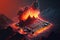 Volcanic eruption with lava on motherboard, overheating, active volcano metaphor. Blend between technology and landscape, AI