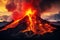 Volcanic eruption with molten lava spewing from the crater and ash clouds billowing into the sky