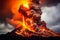 Volcanic eruption with molten lava spewing from the crater and ash clouds billowing into the sky