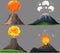 Volcanic eruption stages set. Steaming volcano, burning magma approach, splash and spreading of lava