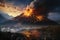 Volcanic eruptions at active volcano, at night. AI Generated