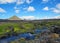 Volcanic landscape with glacial river running from Myrdalsjokull glacier, Hvanngil, Laugavegur Trail, highlands of Iceland