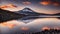 Volcanic Majesty Mountain\\\'s Dawn Reflection in Serene Waters