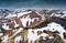 Volcanic mountain with snow covered from Blahnjukur trail in Fjallabak nature reserve on Icelandic highlands at Landmannalaugar,