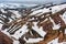 Volcanic mountain with snow covered from Blahnjukur trail in Fjallabak nature reserve on Icelandic highlands at Landmannalaugar,