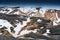 Volcanic mountain with snow covered from Blahnjukur trail in Fjallabak nature reserve on Icelandic highlands at Landmannalaugar,