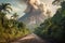 Volcano emitting a smoke in above tropical jungle road