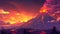 Volcano erupting with fire, lava, and smoke at sunset. Modern parallax background with cartoon landscape, rocks, and