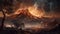 A volcano eruption as ashes dance through a moonlit landscape