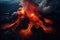 Volcano eruption from a bird view. Volcano crater and magma flow shot from above. Genertated AI.