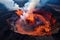 Volcano eruption from a bird view. Volcano crater and magma flow shot from above. Genertated AI.