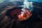 Volcano eruption from a bird view. Volcano crater and magma flow shot from above. Genertated AI.