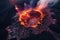 Volcano eruption from a bird view. Volcano crater and magma flow shot from above. Genertated AI.