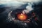 Volcano eruption from a bird view. Volcano crater and magma flow shot from above. Genertated AI.