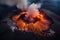 Volcano eruption from a bird view. Volcano crater and magma flow shot from above. Genertated AI.