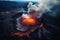 Volcano eruption from a bird view. Volcano crater and magma flow shot from above. Genertated AI.