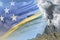 volcano eruption at day time with white smoke on Solomon Islands flag background, suffer from disaster and volcanic ash conceptual