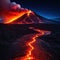 volcano eruption with lava river flow on ground at night time