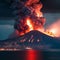 volcano eruption with massive high bursts of lava and hot clouds soaring high into the sky, pyroclastic flow