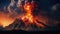 Volcano eruption at night. Natural disaster, volcano explosion. Lava erupts