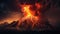 Volcano eruption at night. Natural disaster, volcano explosion. Lava erupts