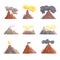 Volcano eruption set, volcanic magma blowing up, lava flowing down cartoon vector Illustrations