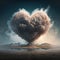 Volcano eruption, smoke into sky in shape of heart. Generative AI