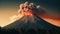 Volcano eruption at sunset, 3D illustration of active volcano eruption Generative AI