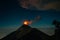 Volcano Fuego erupting at night from view of Volcano Acatenango, Guatemala