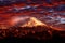 Volcano Fuji during beautiful sunset, red clouds on the sky. Active hill with eruption, twilight in Japan. Mount Fuji,  San,