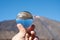 volcano Mount Teide through crystal globe, in Teide National Park, in Tenerife, the highest elevation in Spain