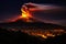 Volcano on mountain eruption scenery background. Generative AI