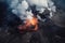 Volcano mountain eruption with smoke and fiery lava, top view.