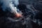 Volcano mountain eruption with smoke and fiery lava, top view.