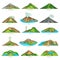 Volcano natural sights, landscape scenery icon set