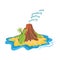 Volcano on the tropical small desert island with smoke and palm tree. Vector illustration in flat cartoon style.